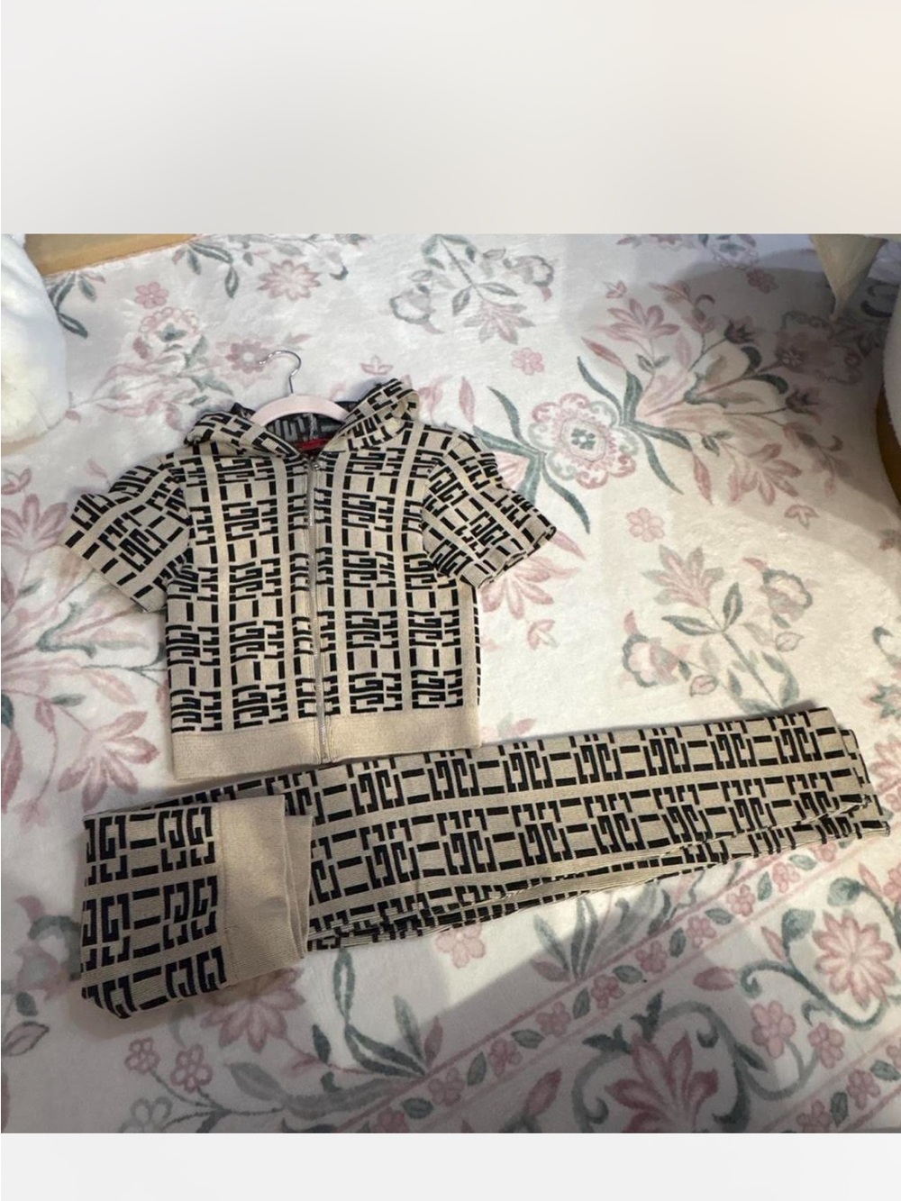 Beige and Black Patterned Kids Pajama Hoodie Set